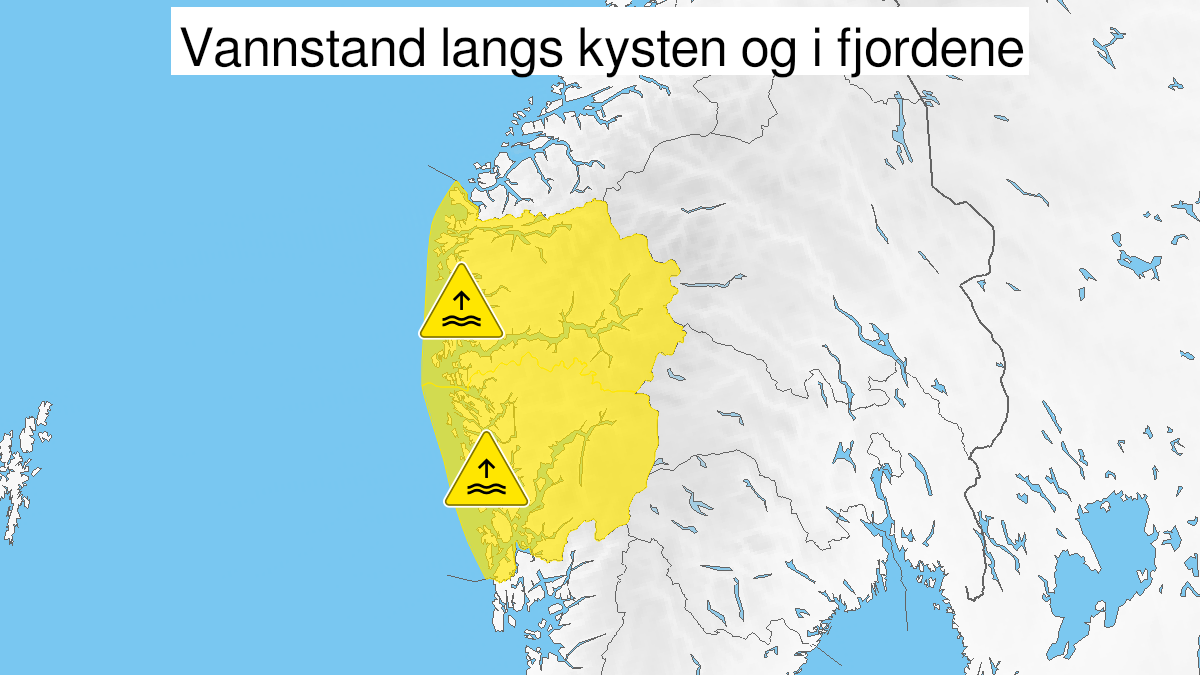 Map of high water level, yellow level, Vestland fylke, 14 November 20:00 UTC to 17 November 01:00 UTC.
