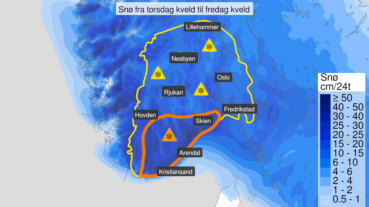 Kart over Snø, gult nivå, Deler av Østlandet og Agder, 2023-01-05T20:00:00+00:00, 2023-01-06T20:00:00+00:00
