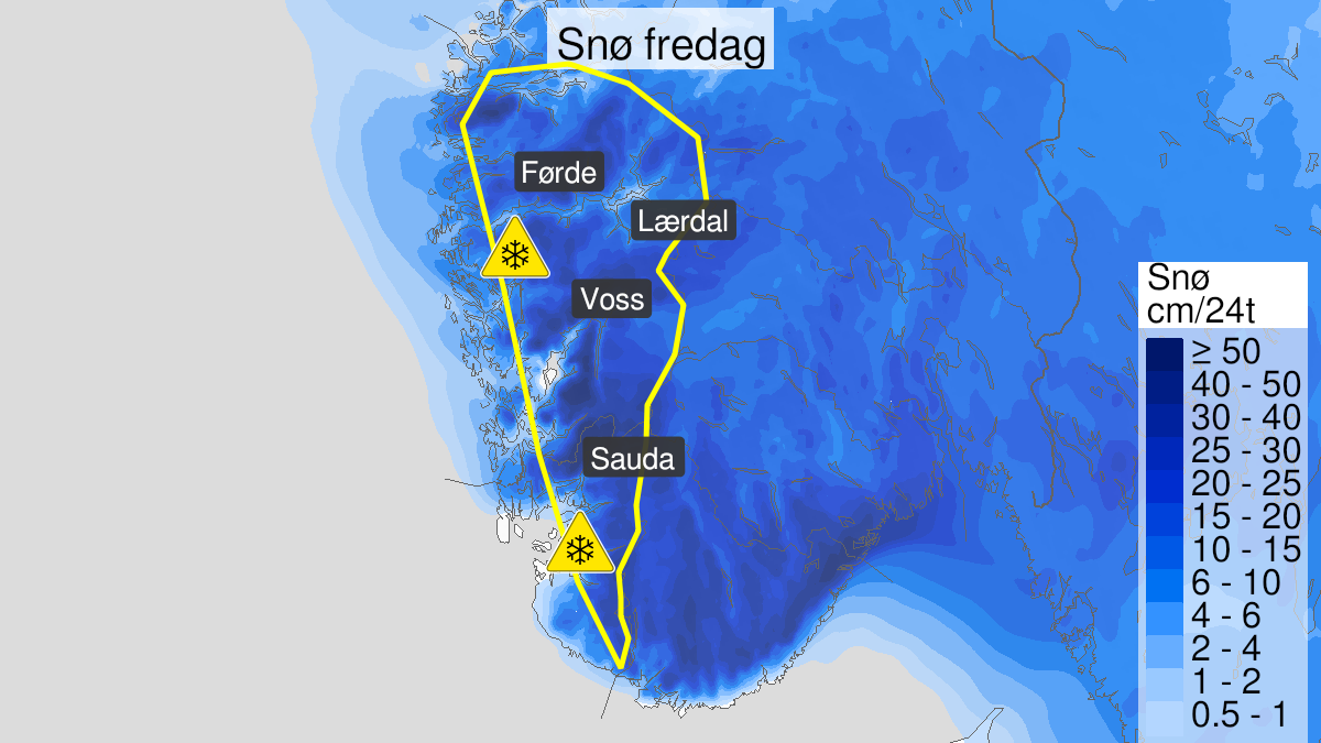 Kart over Snø, gult nivå, Indre deler av Rogaland og Vestland, 2023-01-06T00:00:00+00:00, 2023-01-07T00:00:00+00:00