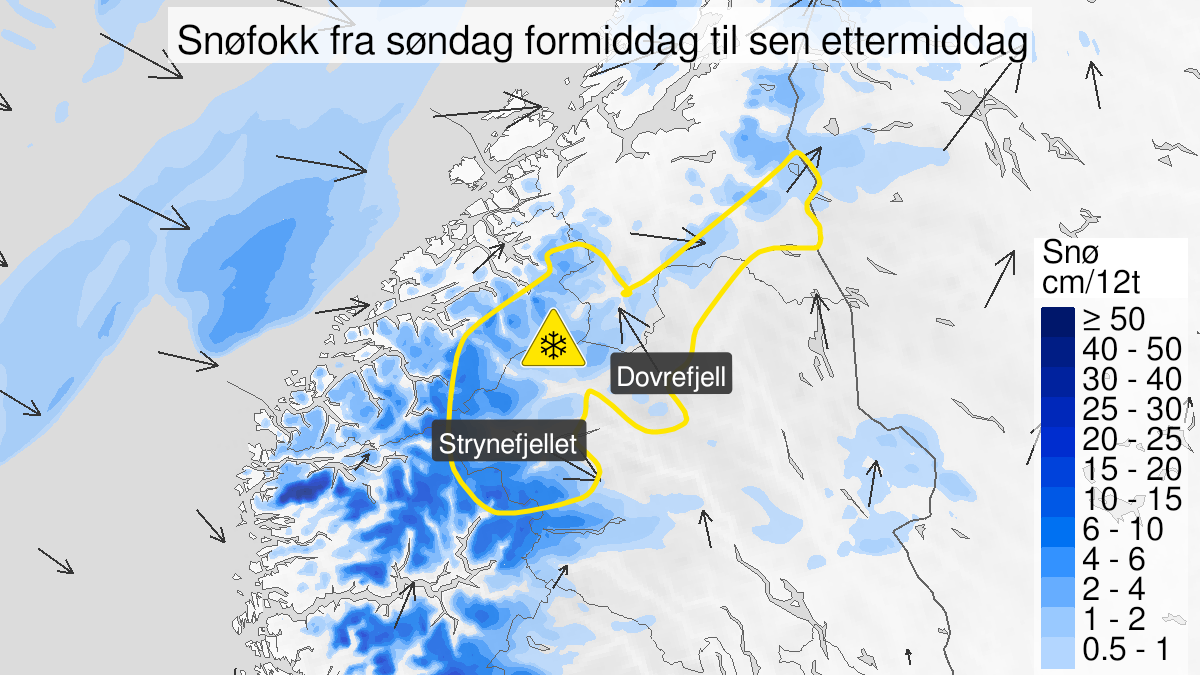 Kart over Kraftig snøfokk, gult nivå, Nordlige deler av Fjellet i Sør-Norge, 2023-03-19T10:00:00+00:00, 2023-03-19T16:00:00+00:00