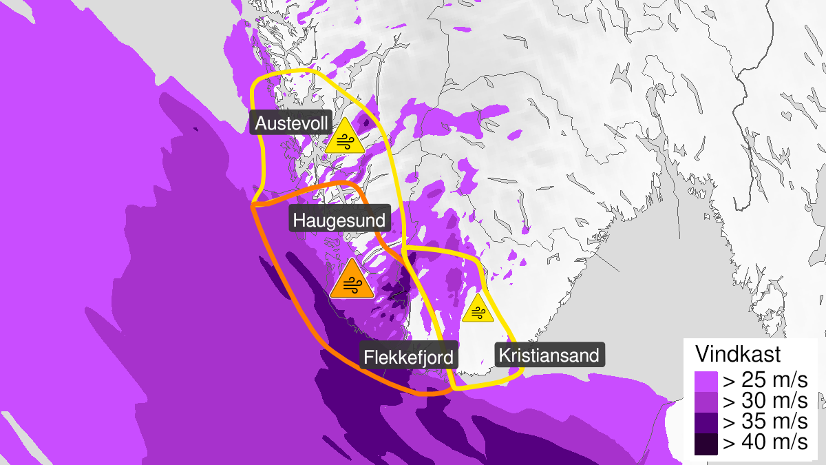 Kart over Kraftige vindkast, gult nivå, Deler av Agder, 2023-12-21T16:00:00+00:00, 2023-12-21T21:00:00+00:00