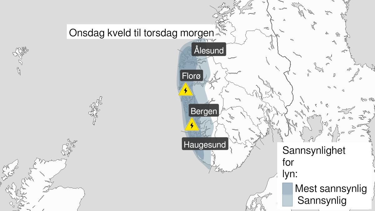 Kart over Mye lyn, gult nivå, Deler av Vestlandet, 2024-06-05T18:30:00+00:00, 2024-06-06T05:30:00+00:00