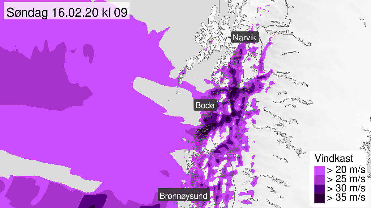 Kraftige vindkast, gult nivå, Helgeland, Saltfjellet, Salten og Ofoten, 16 February 03:00 UTC til 16 February 11:00 UTC.