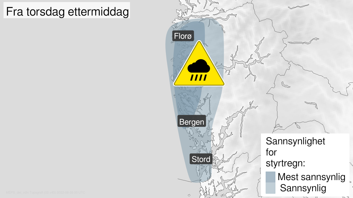 Map over Heavy rainshowers, yellow level, Outer parts of Vestland, 2022-08-25T13:00:00+00:00, 2022-08-26T00:00:00+00:00