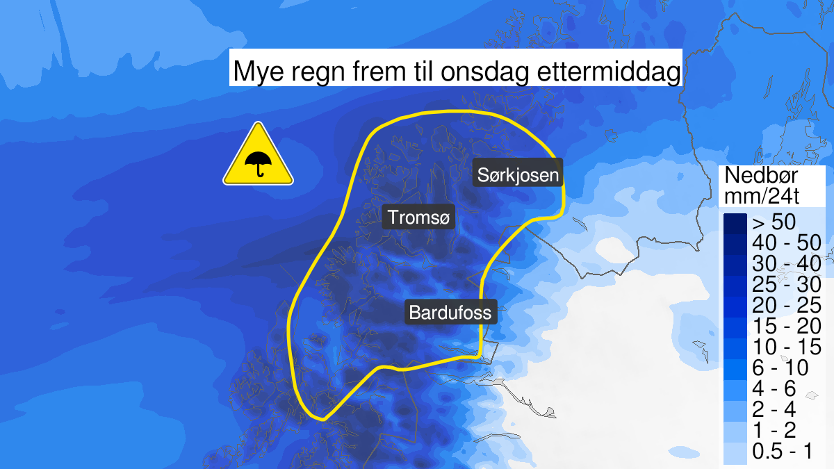 Map of heavy rain, yellow level, Troms, 22 March 15:00 UTC to 23 March 17:00 UTC.
