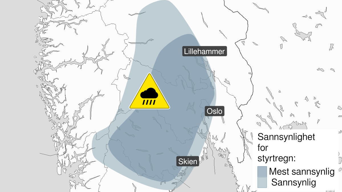 Kart over Styrtregn pågår, gult nivå, Deler av Sør-Norge, 2022-09-03T14:00:00+00:00, 2022-09-04T06:00:00+00:00