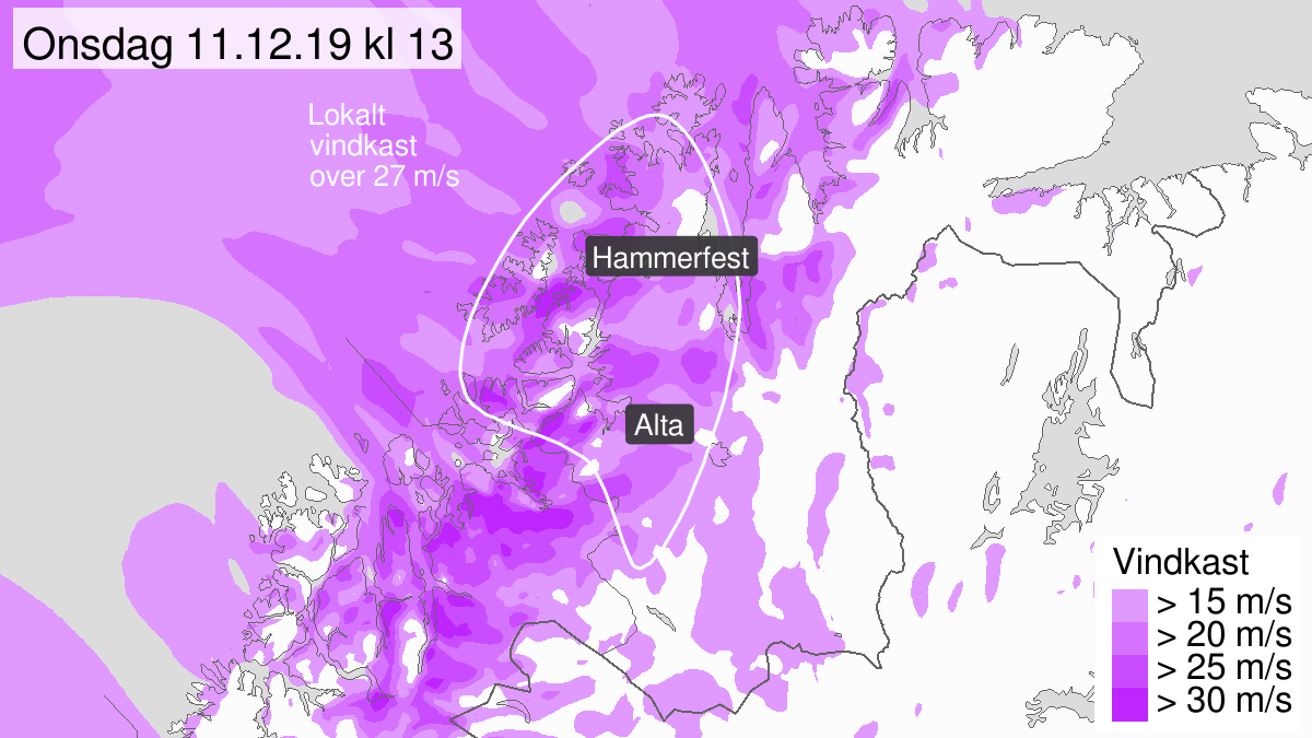 Kraftige vindkast, gult nivå, Kyst- og fjordstrøkene i Vest-Finnmark, 11 December 07:00 UTC til 11 December 17:00 UTC.
