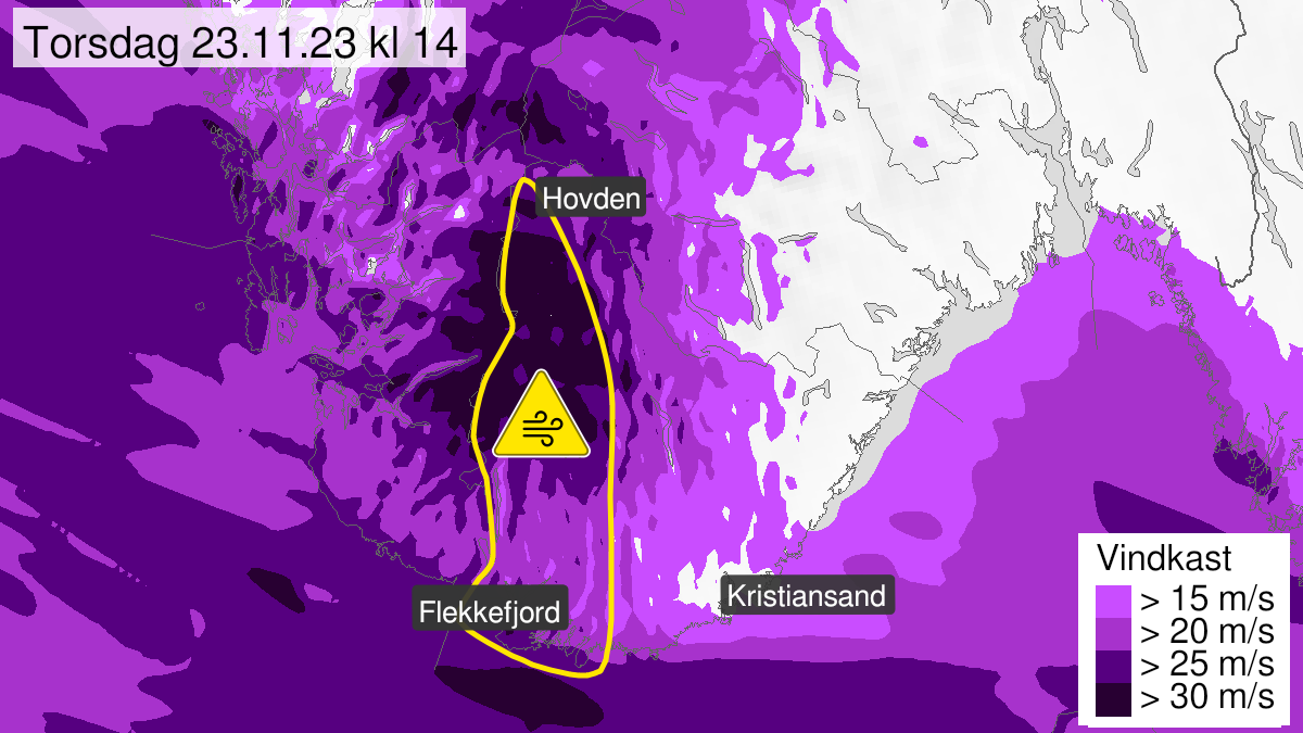 Map over Strong wind gusts, yellow level, Western parts of Agder, 2023-11-23T11:00:00+00:00, 2023-11-23T15:00:00+00:00