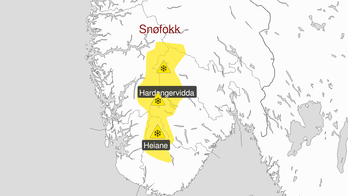 Map of blowing snow ongoing, yellow level, Langfjella, 13 April 01:00 UTC to 13 April 13:00 UTC.