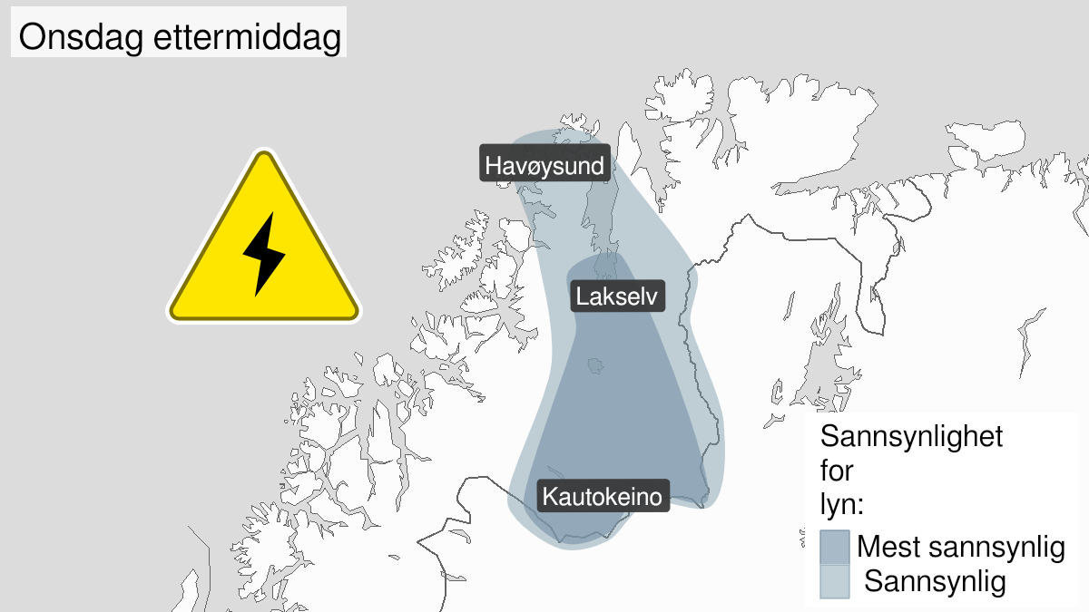 Kart over Mye lyn pågår, gult nivå, Midtre del av Finnmark, 2023-06-21T09:45:00+00:00, 2023-06-21T18:00:00+00:00