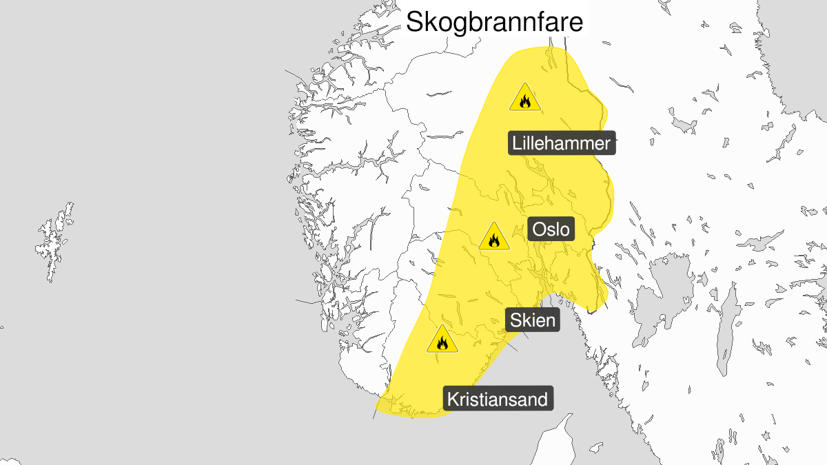 Kart over Skogbrannfare, gult nivå, Store deler av Østlandet og Sørlandet, 2024-05-22T05:00:00+00:00, 2024-05-26T22:00:00+00:00