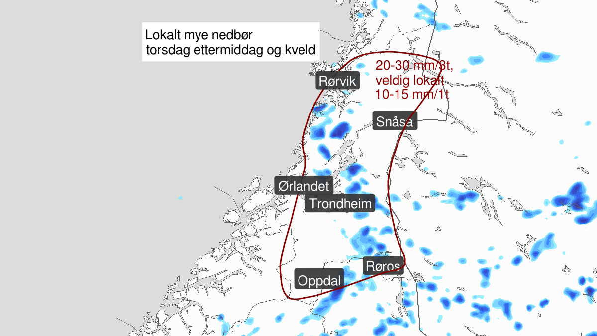 Heavy rainshowers, yellow level, Trøndelag, 08 August 12:00 UTC to 08 August 20:00 UTC.