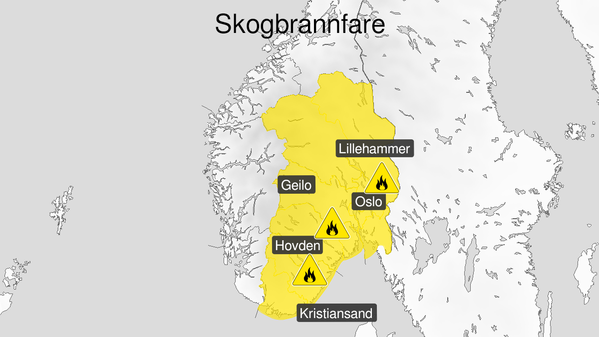 Kart over skogbrannfare, gult nivå, Østafjells, 11 April 09:00 UTC til 12 April 23:00 UTC.
