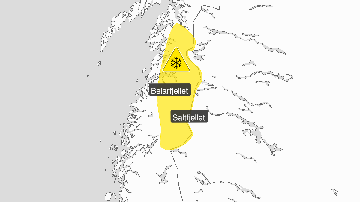 Map over Blowing snow, yellow level, Mountain roads in parts of Nordland, 2023-10-10T18:00:00+00:00, 2023-10-11T07:00:00+00:00