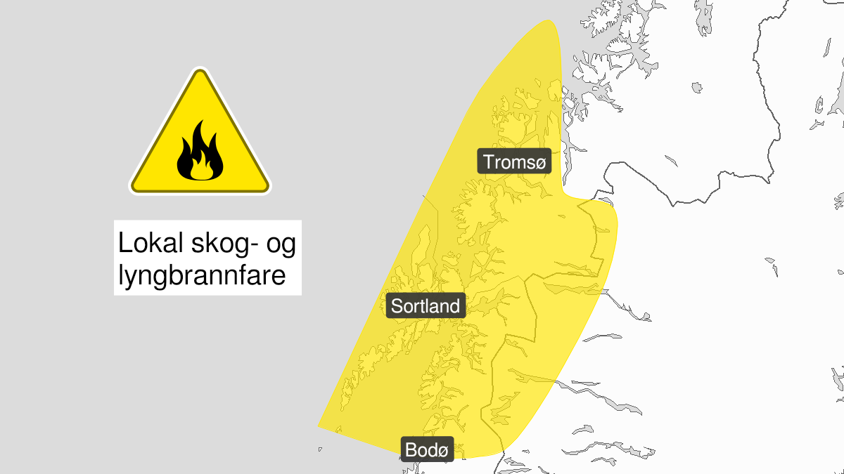 Map over Forest fire danger, yellow level, Nordland north of Saltdal and Troms west of Lyngen Alps, 2023-07-16T22:00:00+00:00, 2023-07-17T22:00:00+00:00