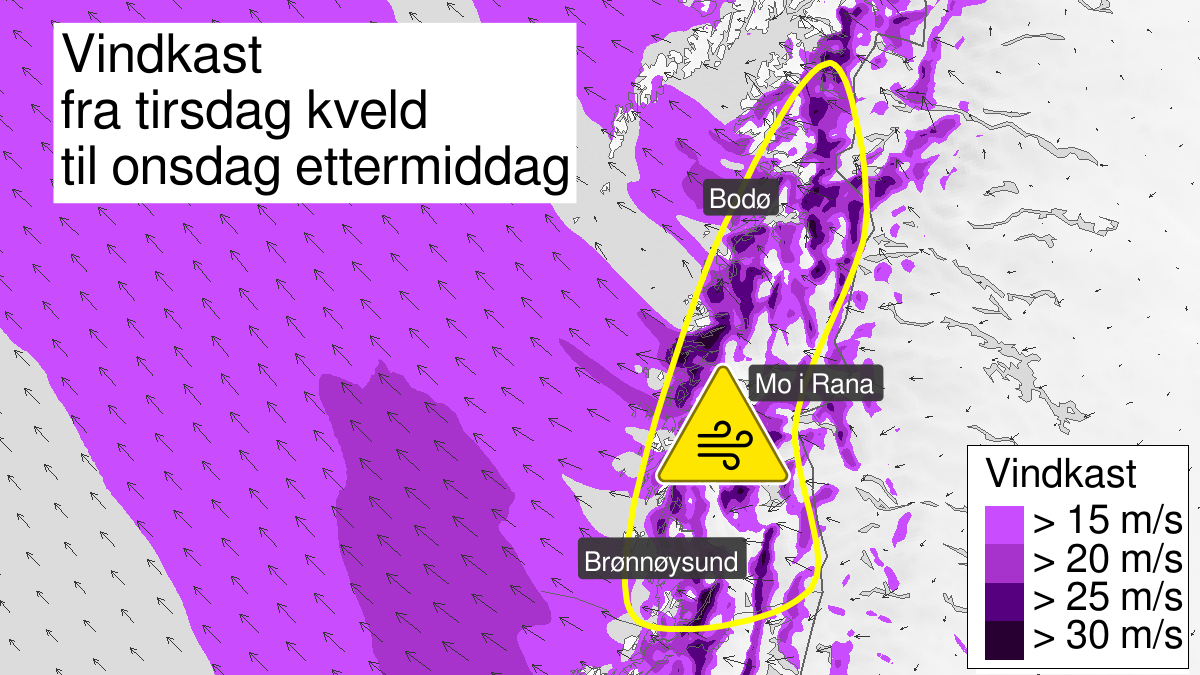 Kraftige vindkast, gult nivå, Helgeland, Saltfjellet og Salten, 03 March 18:00 UTC til 04 March 16:00 UTC.