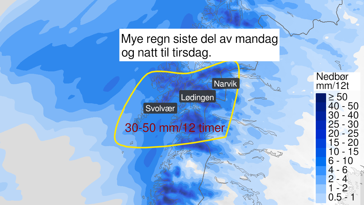 Kart over Mye regn, gult nivå, Deler av Lofoten, Vesterålen, Ofoten, Nord-Salten og Sør-Troms., 2023-02-06T06:00:00+00:00, 2023-02-07T13:00:00+00:00