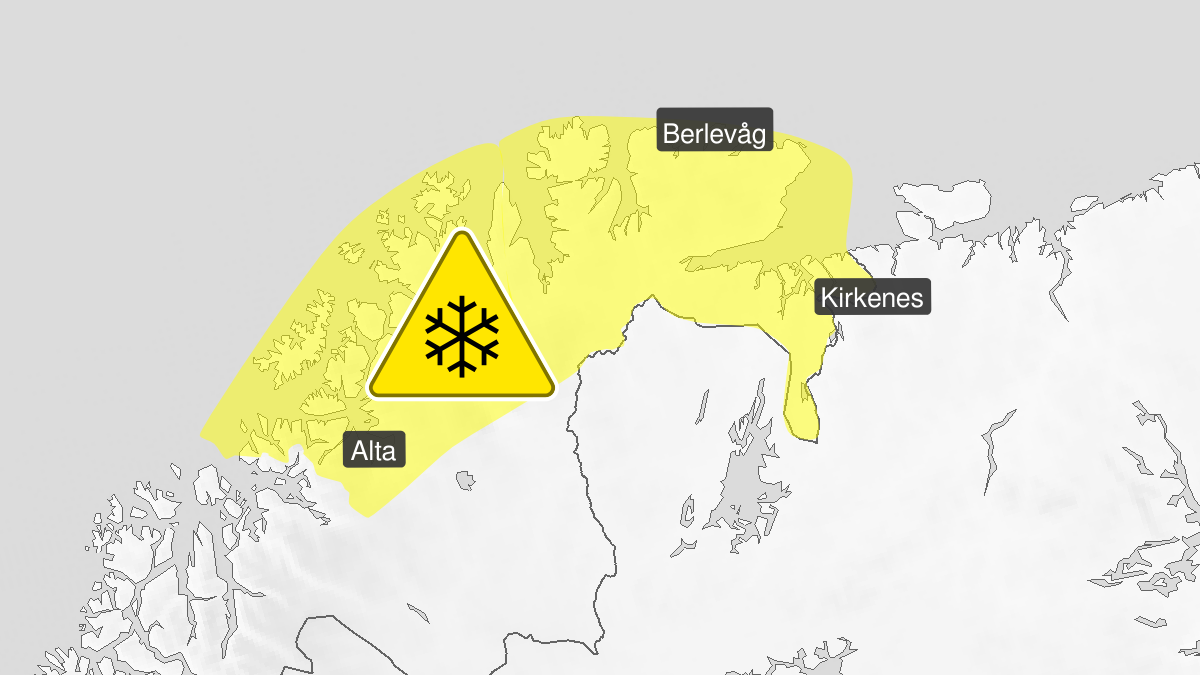 Map of blowing snow, yellow level, Kyst- and fjordstroekene i Finnmark, 25 March 17:00 UTC to 26 March 04:00 UTC.