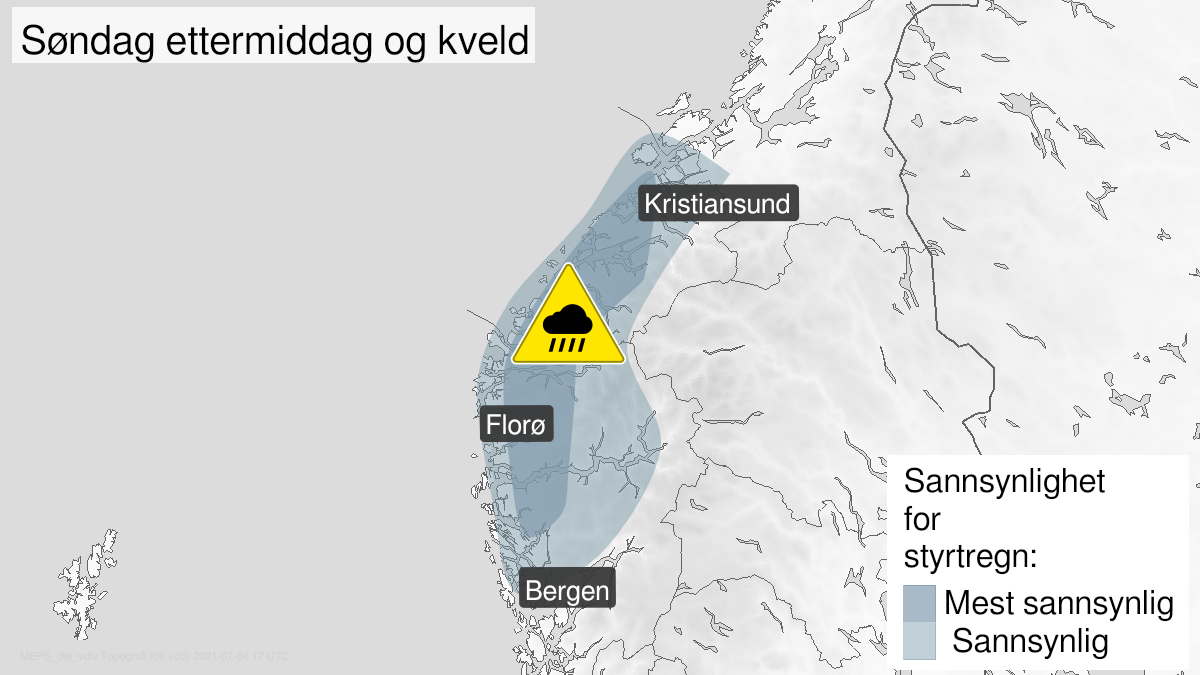 Kart over styrtregn, gult nivå, Bergen og omland, Voss, Sogn og Fjordane og Møre og Romsdal, 04 July 12:00 UTC til 04 July 19:00 UTC.