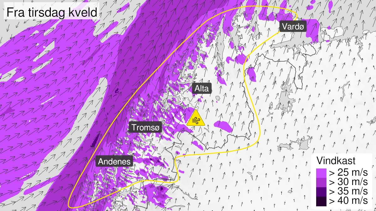 Kart over Mulighet for svært kraftige vindkast, gult nivå, Deler av Nord-Norge, 2024-01-30T18:00:00+00:00, 2024-01-31T08:00:00+00:00