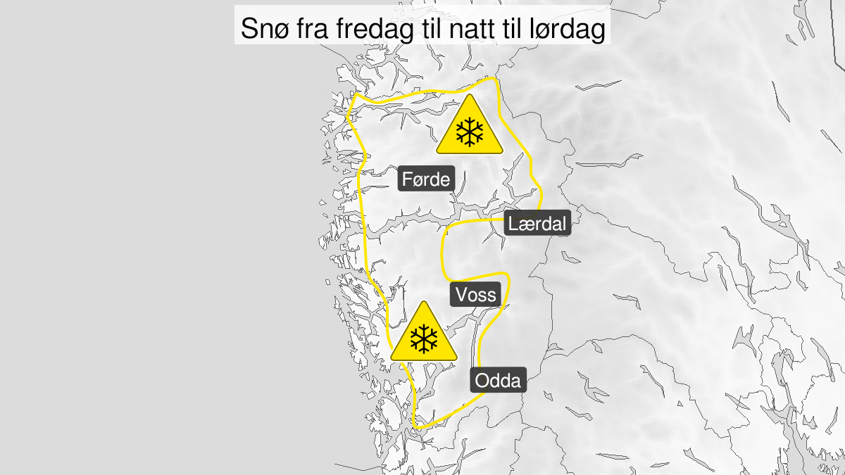 Kart over Snø, gult nivå, Deler av Hordaland og Sogn og Fjordane, 2024-02-23T09:00:00+00:00, 2024-02-24T03:00:00+00:00
