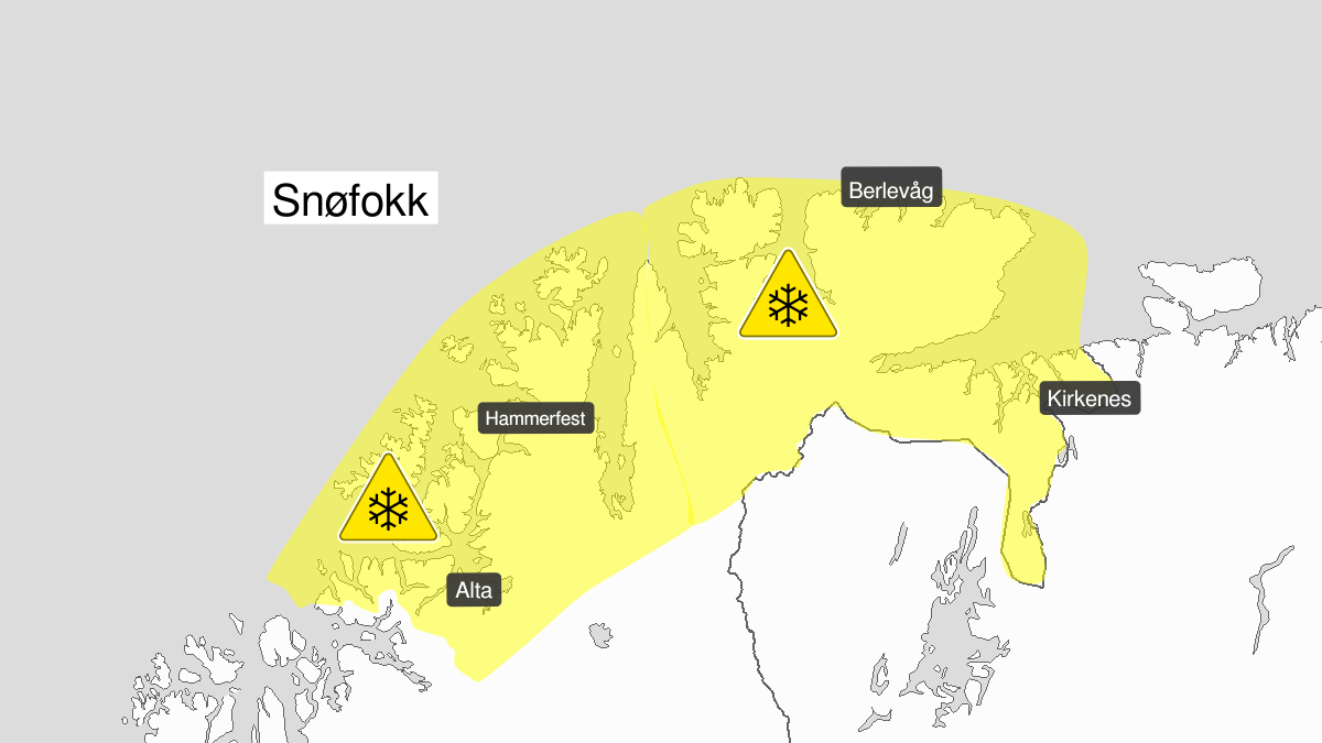 Map of blowing snow, yellow level, Kyst- and fjordstroekene i Finnmark, 29 March 09:00 UTC to 30 March 06:00 UTC.
