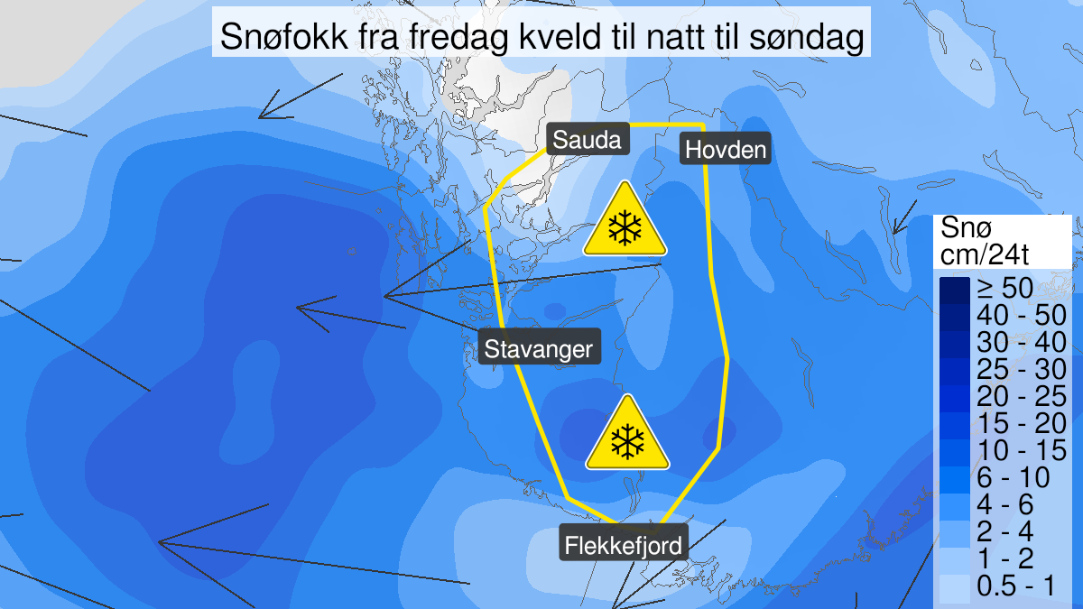 Map over Blowing snow, yellow level, Parts of Rogaland and Agder, 2024-02-09T21:00:00+00:00, 2024-02-11T00:00:00+00:00