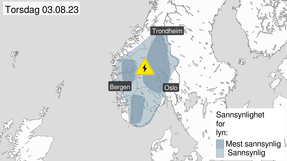 Kart over Mye lyn, gult nivå, Deler av Sør-Norge, 2023-08-03T09:00:00+00:00, 2023-08-03T19:00:00+00:00