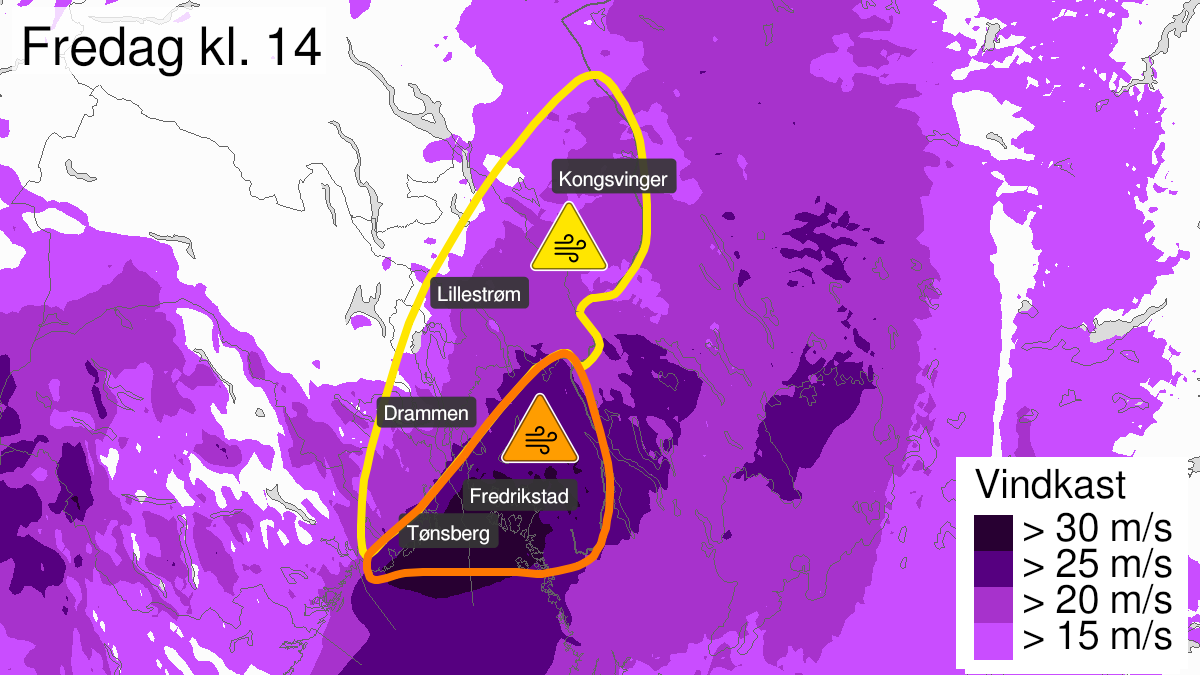 Kart over Svært kraftige vindkast, oransje nivå, Østfold og ytre del av Vestfold, 2024-02-23T10:00:00+00:00, 2024-02-23T16:00:00+00:00