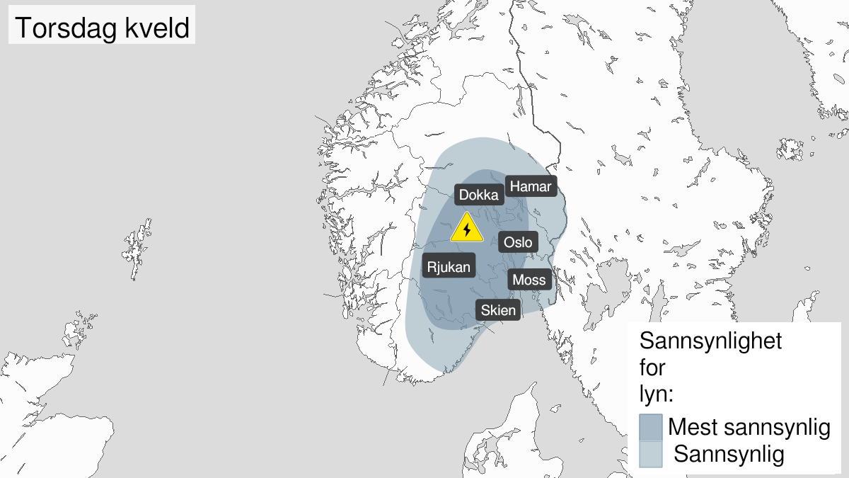 Kart over Mye lyn, gult nivå, Deler av Østlandet og Sørlandet, 2024-05-23T16:00:00+00:00, 2024-05-23T22:00:00+00:00