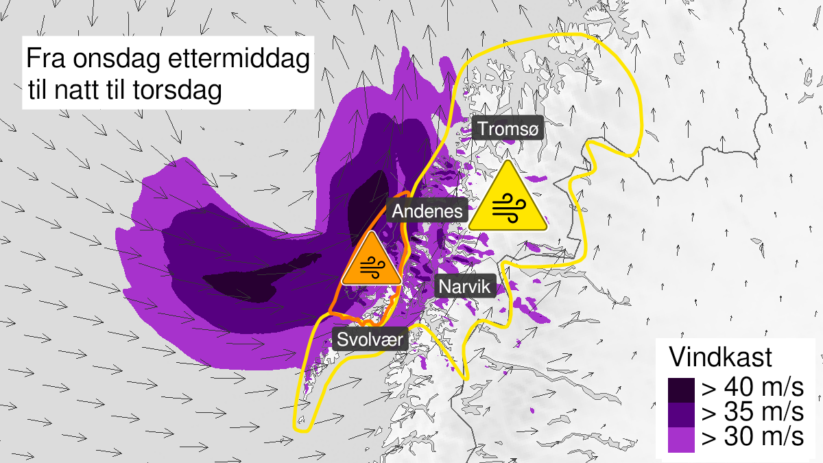 Kart over svært kraftige vindkast, oransje nivå, Vesterålen, 23 September 16:00 UTC til 23 September 22:00 UTC.