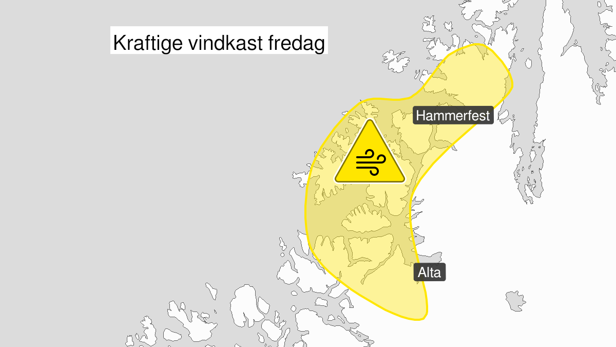 Kart over Kraftige vindkast, gult nivå, Kyststrøk i Vest-Finnmark, 2022-08-12T00:00:00+00:00, 2022-08-12T16:00:00+00:00