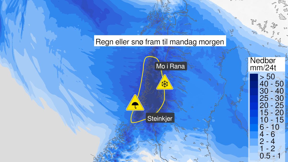 Kart over mye regn, gult nivå, Nord-Trøndelag og Helgeland, 27 March 06:00 UTC til 28 March 06:00 UTC.