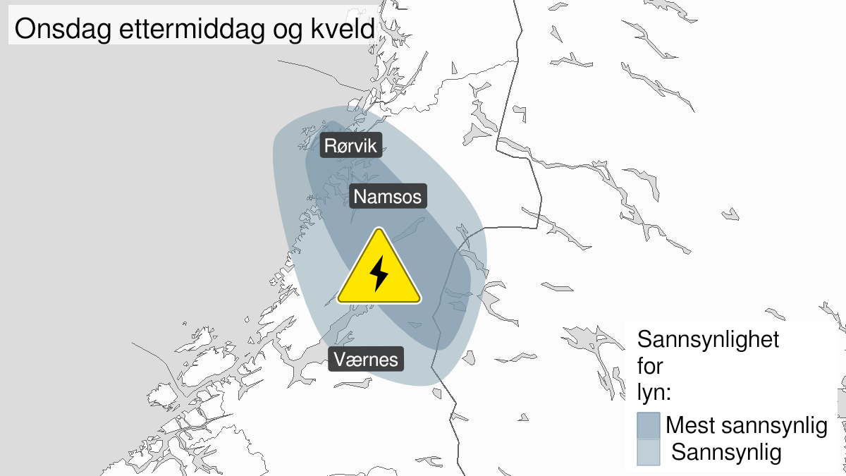 Kart over Nedgradert varsel for mye lyn, Deler av Trøndelag