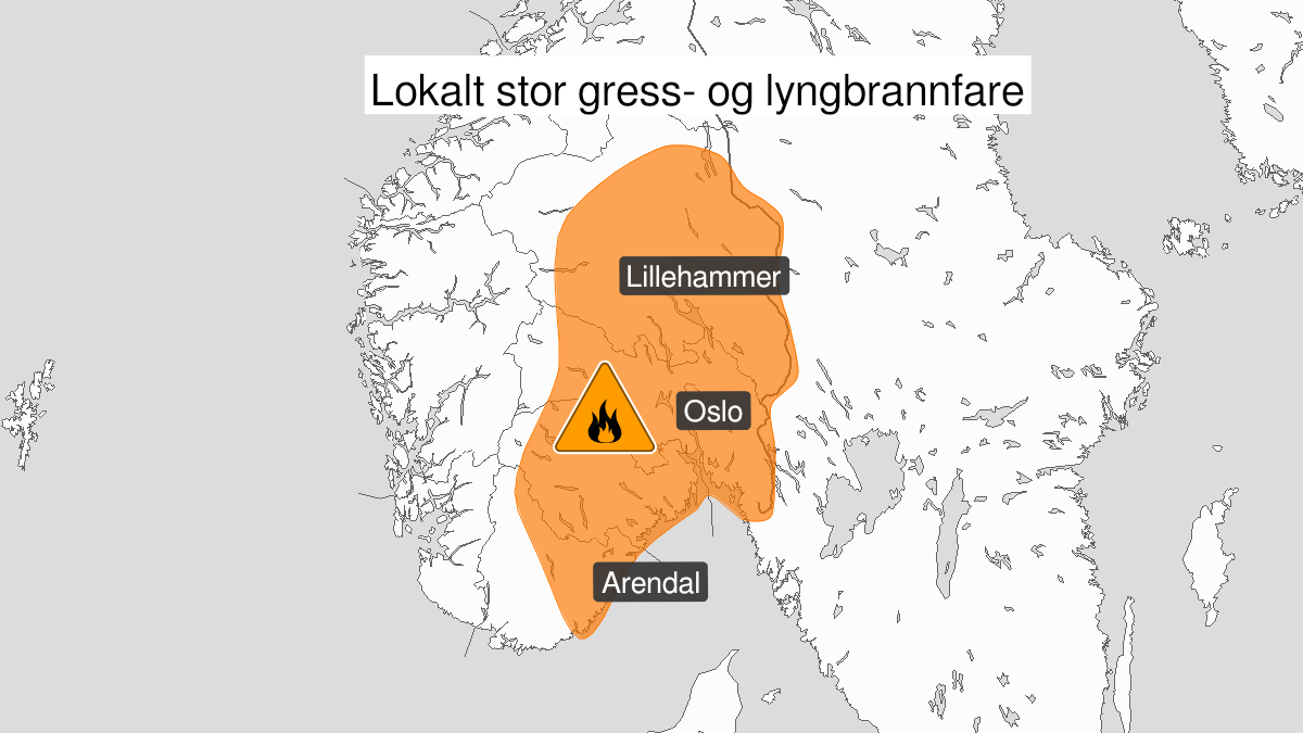 Map of high forest fire danger, orange level, Østlandet, Telemark og Aust-Agder, 05 May 07:00 UTC to 10 May 06:00 UTC.