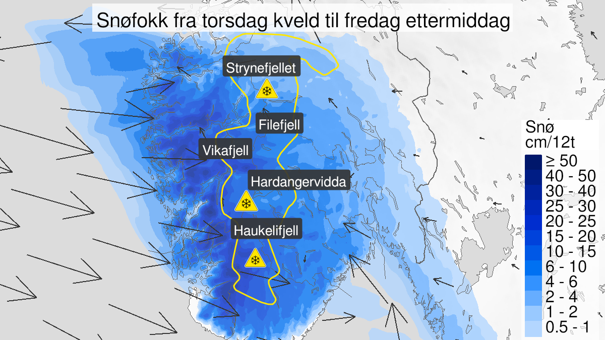 Map over Blowing snow ongoing, yellow level, Mountain areas in southern Norway, 2023-02-02T21:00:00+00:00, 2023-02-03T09:00:00+00:00