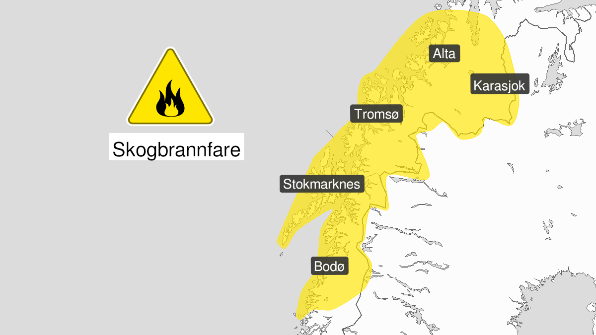 Kart over Skogbrannfare, gult nivå, Nordland nord for polarsirkelen, Troms og deler av Finnmark, 2023-07-04T22:00:00+00:00, 2023-07-11T06:00:00+00:00