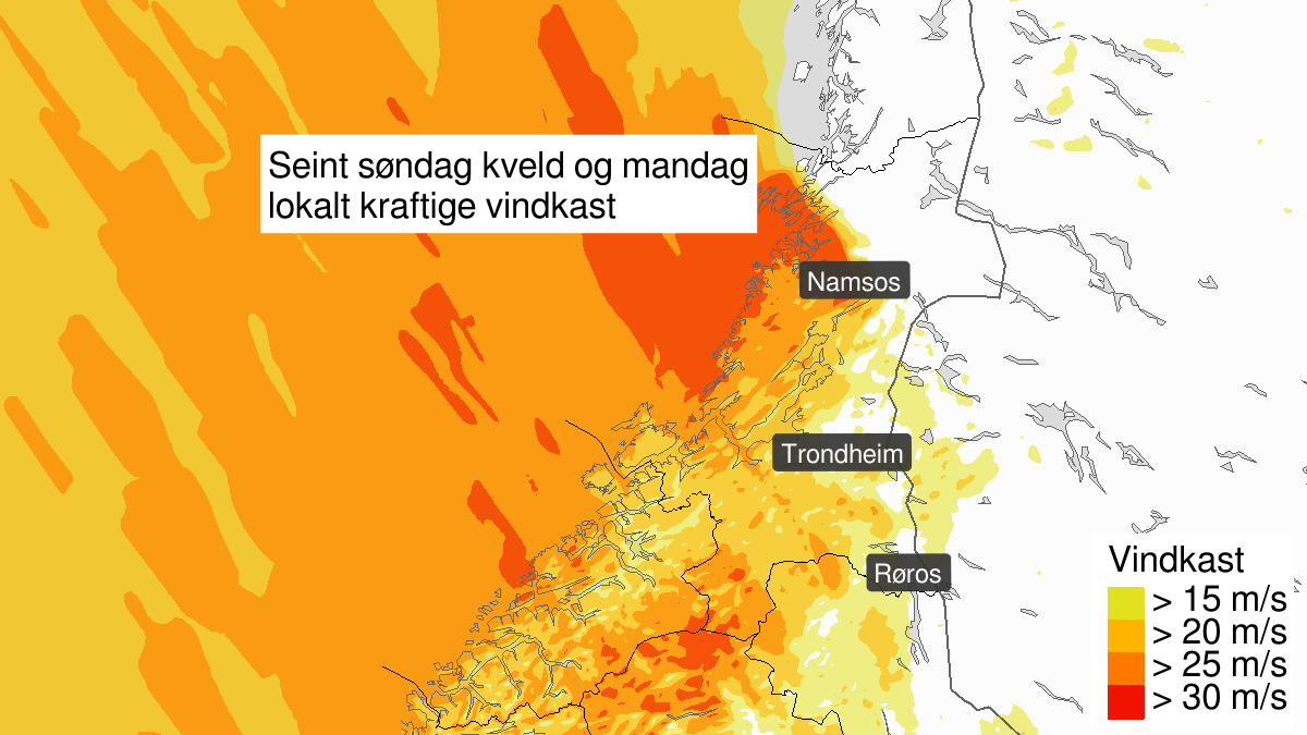 Kraftige vindkast, gult nivå, Trøndelag, 13 January 21:00 UTC til 14 January 17:00 UTC.