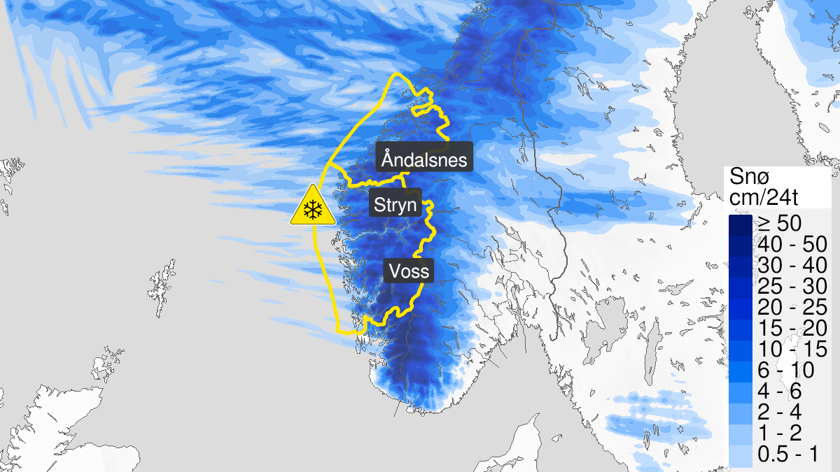 Kart over Snø, gult nivå, Vestland, 2024-02-03T02:00:00+00:00, 2024-02-04T22:00:00+00:00