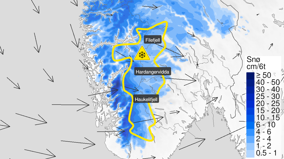 Map over Blowing snow, yellow level, Mountain areas in South-Norway, 2024-04-13T23:00:00+00:00, 2024-04-14T10:00:00+00:00