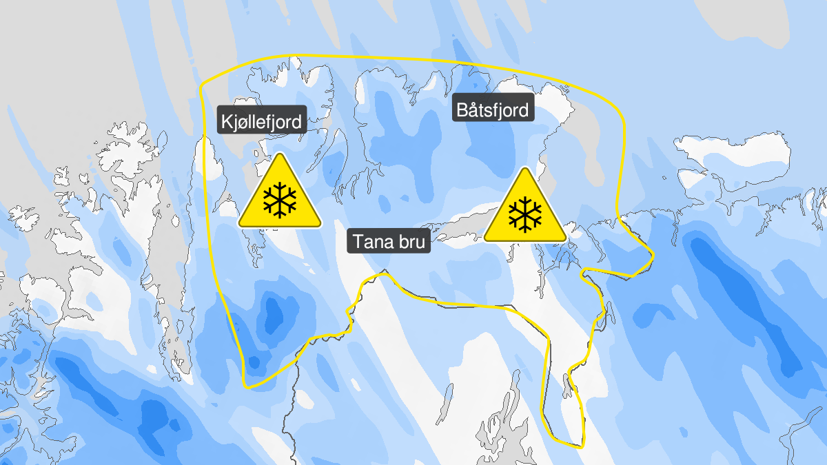 Kart over kraftig snøfokk, gult nivå, Øst-Finnmark, 14 January 07:00 UTC til 14 January 19:00 UTC.