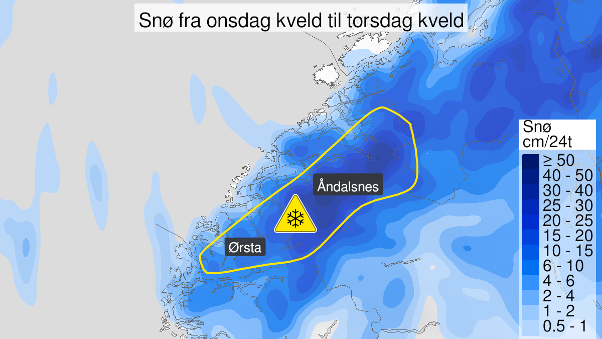 Kart over Snø, gult nivå, Deler av Møre og Romsdal, 2023-04-26T18:00:00+00:00, 2023-04-27T18:00:00+00:00