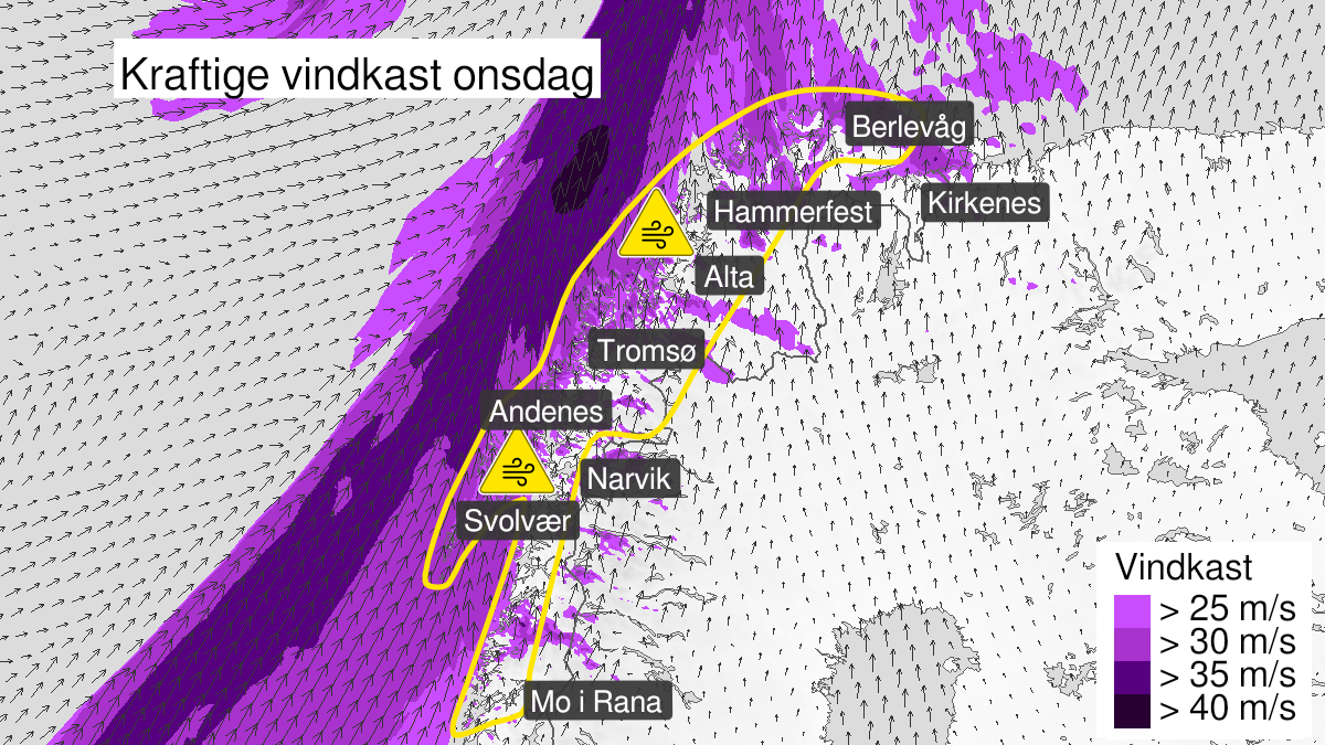 Kart over Kraftige vindkast, gult nivå, Mesteparten av Nord-Norge, 2023-02-08T02:00:00+00:00, 2023-02-09T00:00:00+00:00