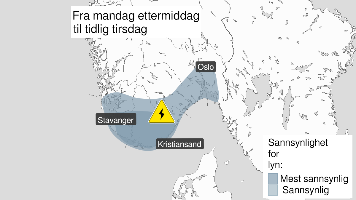 Kart over Mye lyn, gult nivå, Deler av Rogaland, Agder og Østlandet, 2023-09-18T10:00:00+00:00, 2023-09-19T08:00:00+00:00