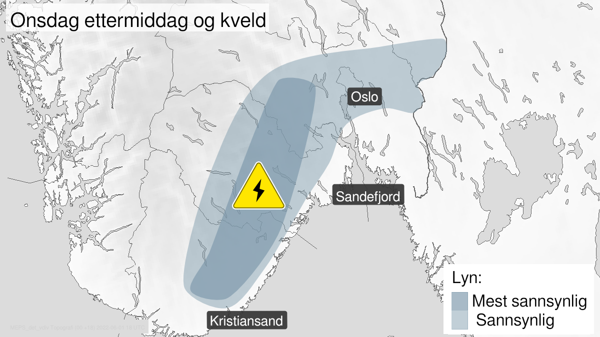 
            Kart over Mye lyn, gult nivå, Deler av Østlandet og Sørlandet, 2022-06-01T10:10:00+00:00, 2022-06-01T19:30:00+00:00
        