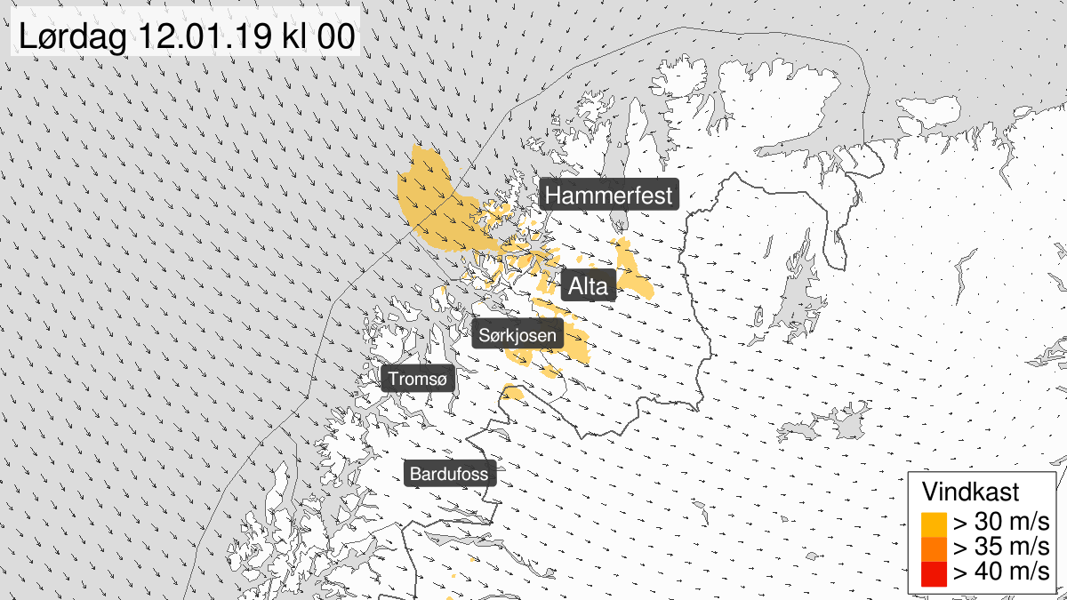 Kraftige vindkast, gult nivå, Troms og Vest-Finnmark med Vidda, 11 January 17:00 UTC til 12 January 03:00 UTC.