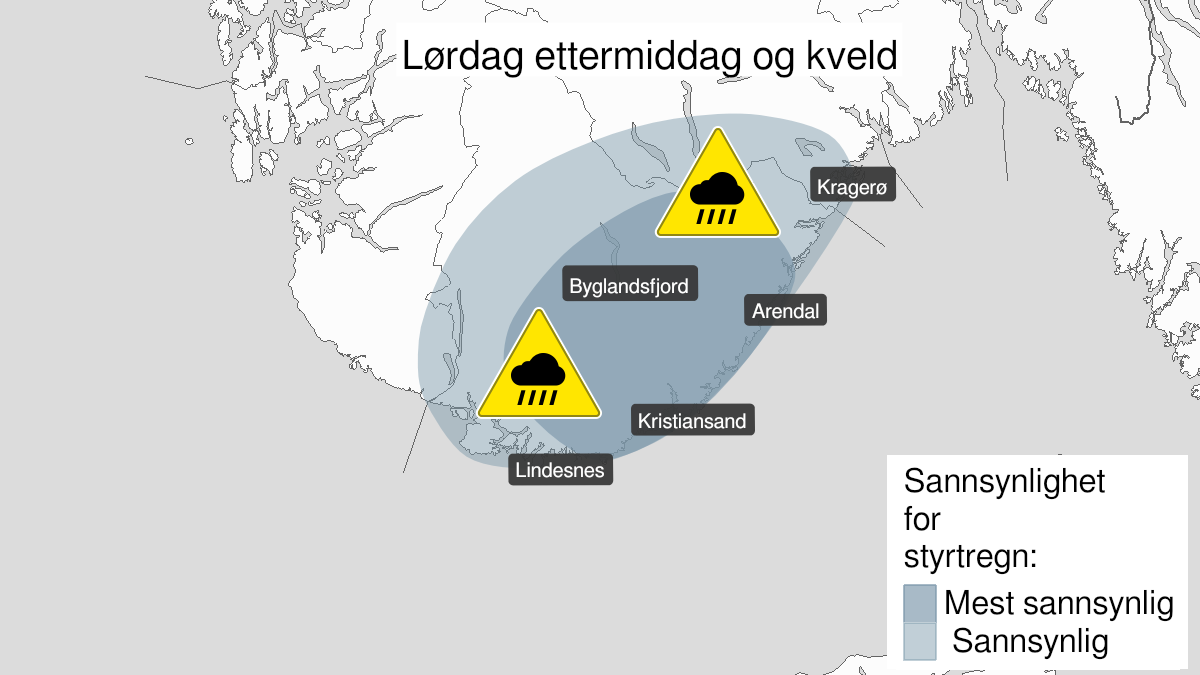 Kart over Nedgradert varsel for styrtregn, Agder, østlige deler av Rogaland og vestlige deler av Telemark