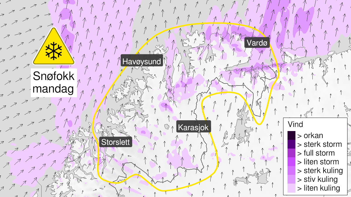 Kart over Kraftig snøfokk, gult nivå, Finnmark og Nord-Troms, 2023-04-02T22:00:00+00:00, 2023-04-03T22:00:00+00:00