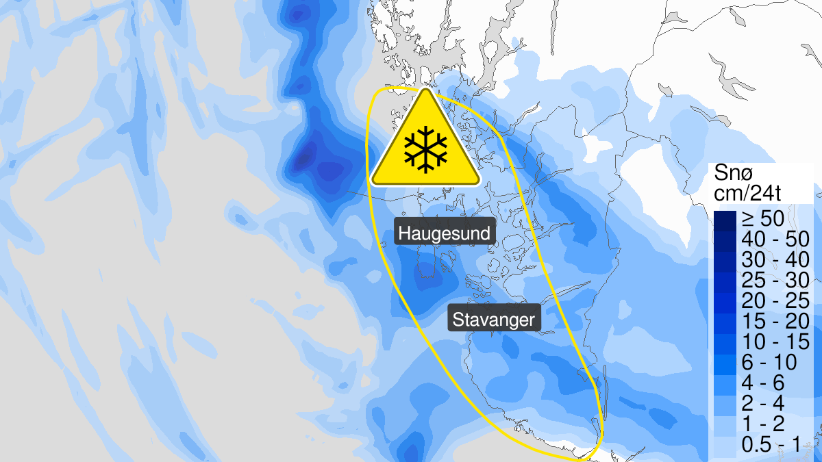 Kart over Snø, gult nivå, Deler av Rogaland og sørlig deler av Hordaland, 2022-12-08T03:00:00+00:00, 2022-12-09T08:00:00+00:00