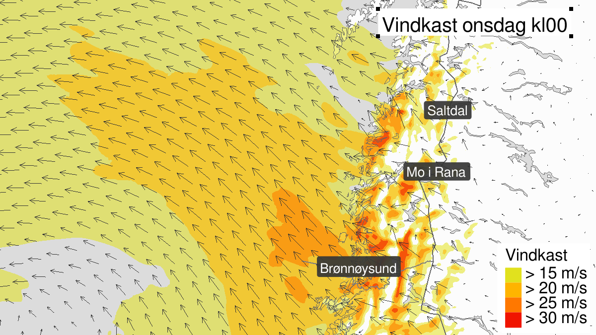 Strong wind gusts, yellow level, Helgeland and Saltfjellet, 12 March 19:00 UTC to 13 March 12:00 UTC.